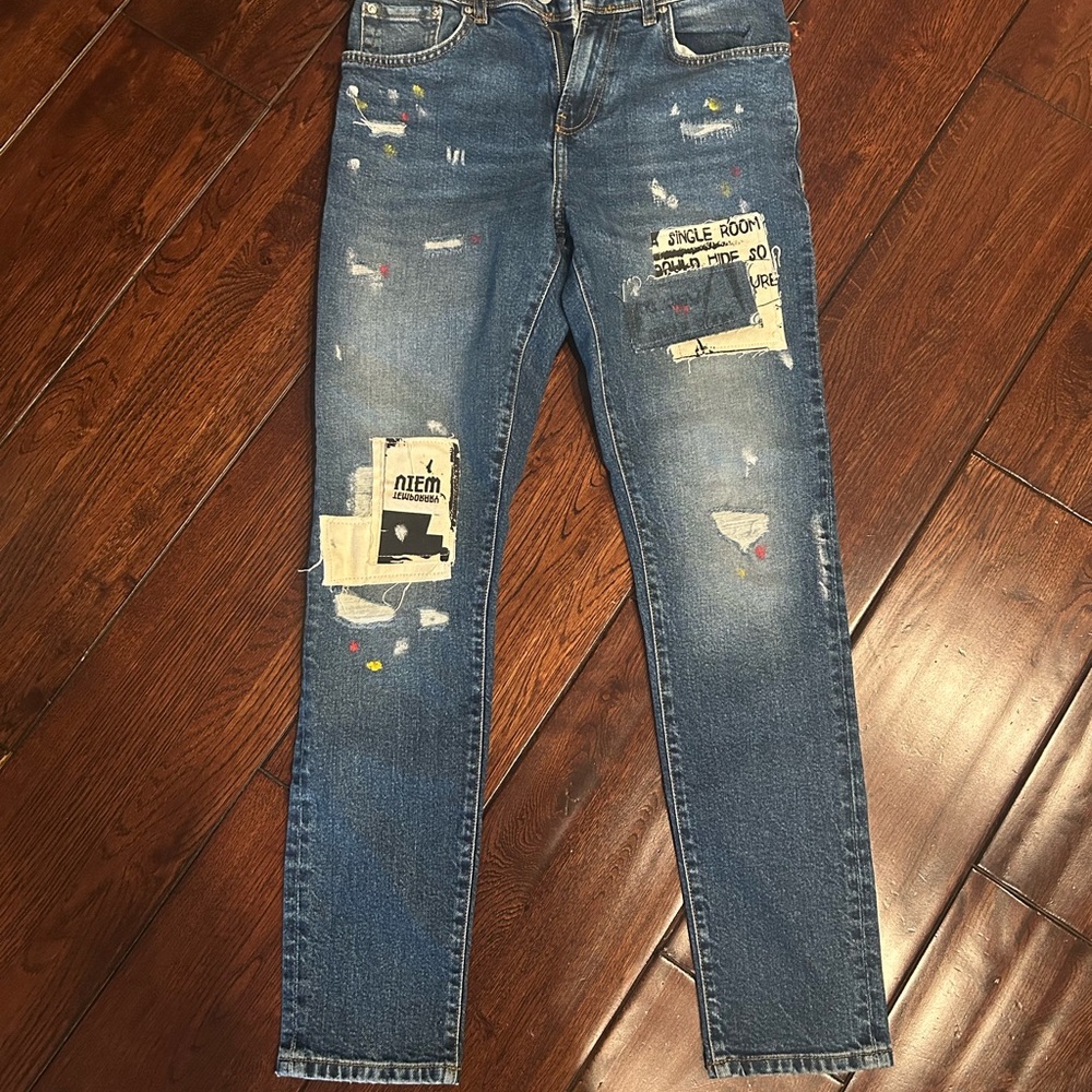 Zara Men's Blue Patched Slim Straight Jeans